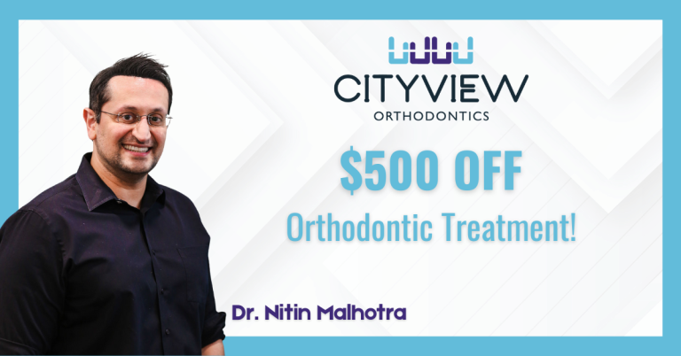 Graphic promoting $500 off orthodontic treatment at Cityview Orthodontics, featuring an image of Dr. Nitin Malhotra